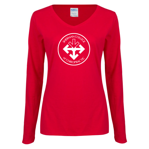 Womens Red Long Sleeve V Neck Tee-Seal