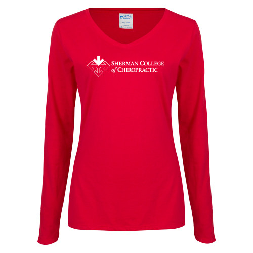 Womens Red Long Sleeve V Neck Tee-College Logo