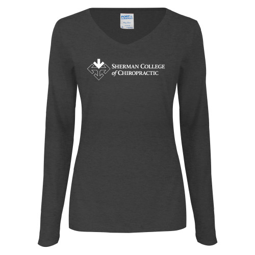 Womens Dark Heather Long Sleeve V Neck Tee -College Logo