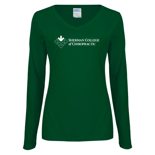 Womens Dark Green Long Sleeve V Neck Tee -College Logo