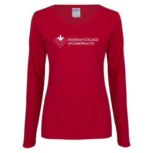 Womens Cardinal Long Sleeve V Neck Tee -College Logo