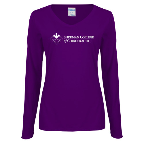 Womens Purple Long Sleeve V Neck Tee -College Logo