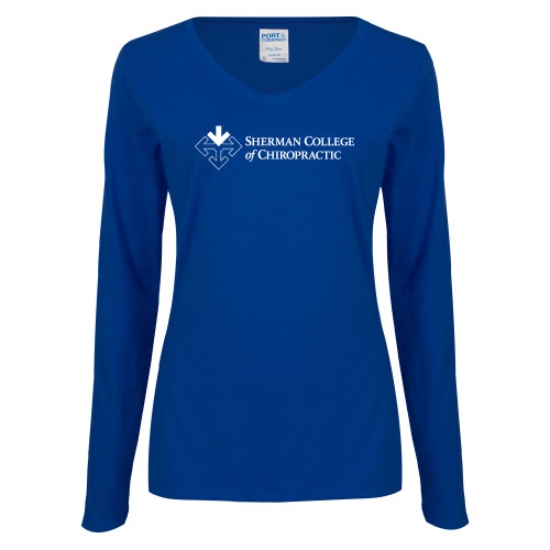 Womens Royal Long Sleeve V Neck Tee -College Logo