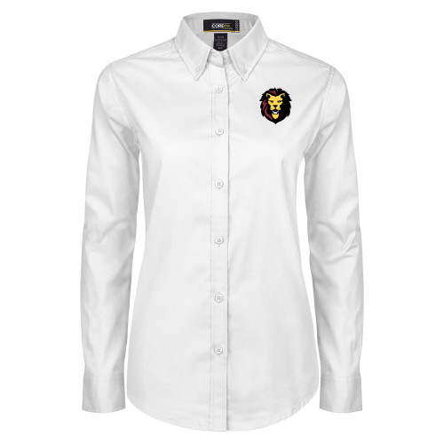 Womens White Twill Button Down Long Sleeve-Larry Lion