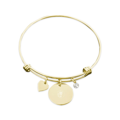 Olivia Sorelle Gold Bangle Bracelet with Round Pendant, Heart and Jewel-Larry Lion Engraved