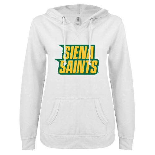 Siena ENZA Womens White V Notch Raw Edge Fleece Hoodie - Siena Saints Wordmark Stacked