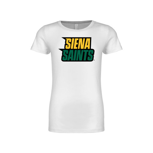 Siena Next Level Girls White Fashion Fit T Shirt - Siena Saints Wordmark Stacked