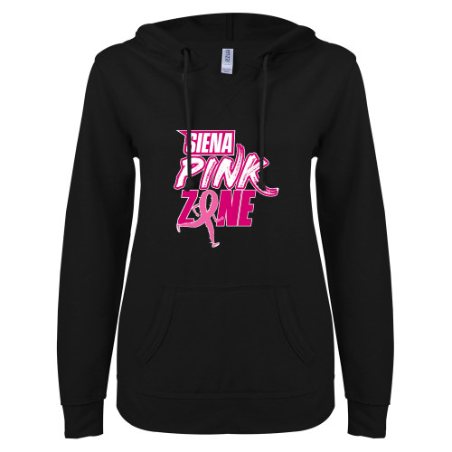 Siena ENZA Womens Black V Notch Raw Edge Fleece Hoodie - Siena Pink Zone