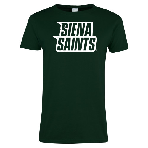  Womens Dark Green Short Sleeve Tee - Siena Saints Wordmark Stacked