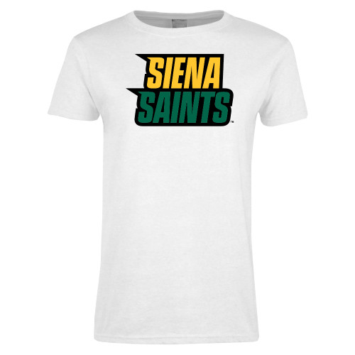 Siena Womens White Short Sleeve Tee - Siena Saints Wordmark Stacked
