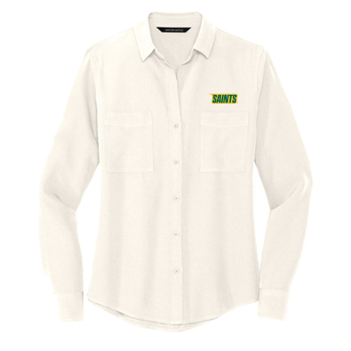 Siena Mercer + Mettle Womens Ivory Crepe Long Sleeve Camp Blouse - Saints Wordmark