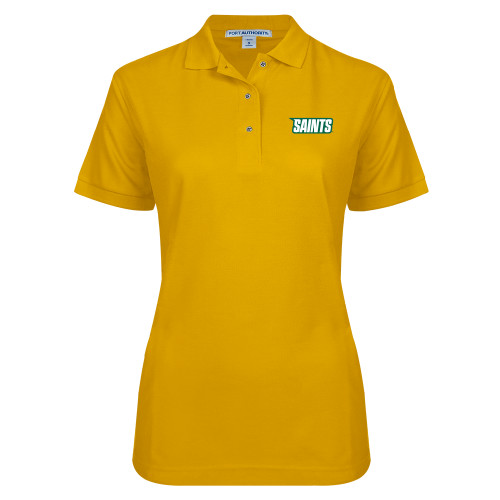 Siena Womens Silk Touch Gold Pique Polo - Saints Wordmark