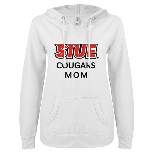  ENZA Womens White V Notch Raw Edge Fleece Hoodie - SIUE Mom
