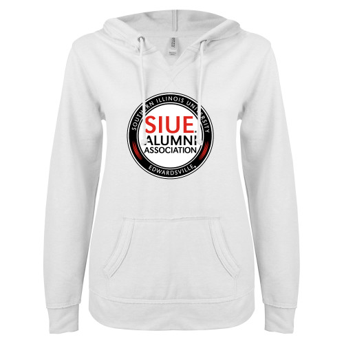  ENZA Womens White V Notch Raw Edge Fleece Hoodie - SIUE Alumni Association