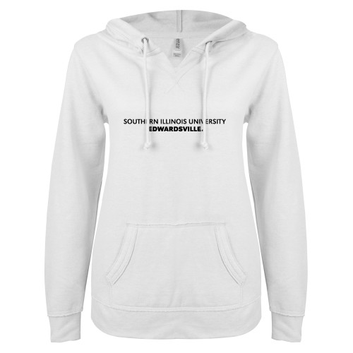  ENZA Womens White V Notch Raw Edge Fleece Hoodie - Southern Illinois University Edwardsville