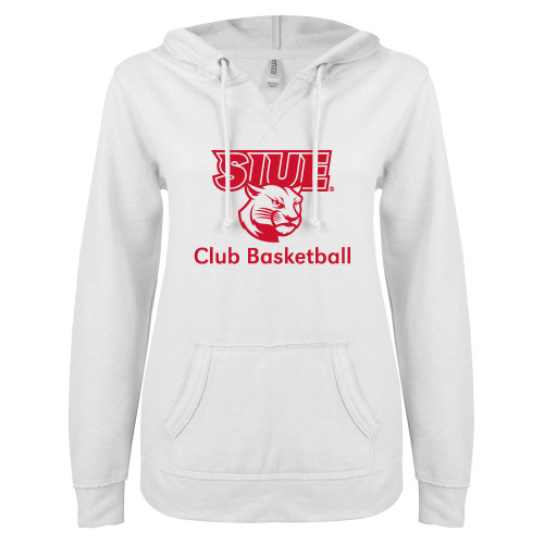  ENZA Womens White V Notch Raw Edge Fleece Hoodie - SIUE Club Basketball