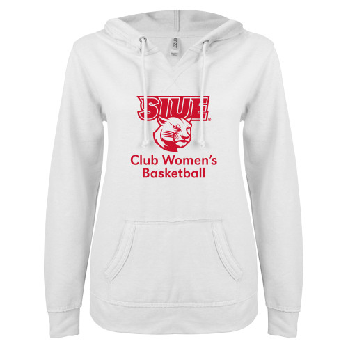  ENZA Womens White V Notch Raw Edge Fleece Hoodie - SIUE Womens Basketball
