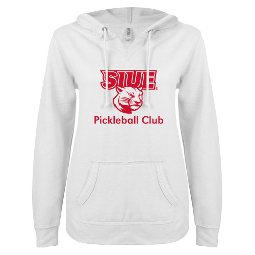  ENZA Womens White V Notch Raw Edge Fleece Hoodie - SIUE Pickleball Club