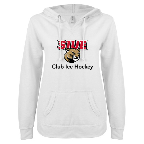  ENZA Womens White V Notch Raw Edge Fleece Hoodie - SIUE Club Ice Hockey