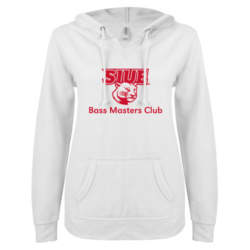  ENZA Womens White V Notch Raw Edge Fleece Hoodie - SIUE Bass Master Club