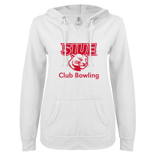  ENZA Womens White V Notch Raw Edge Fleece Hoodie - SIUE Club Bowling