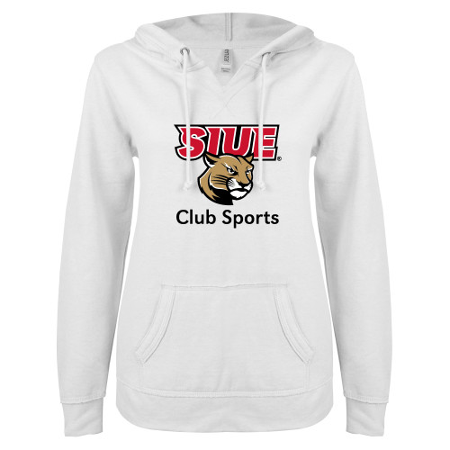  ENZA Womens White V Notch Raw Edge Fleece Hoodie - SIUE Club Sports