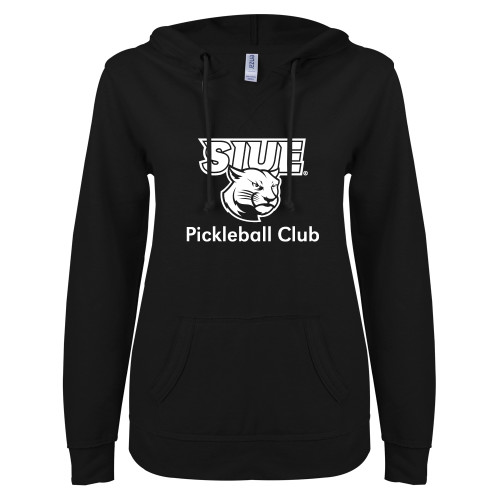  ENZA Womens Black V Notch Raw Edge Fleece Hoodie - SIUE Pickleball Club