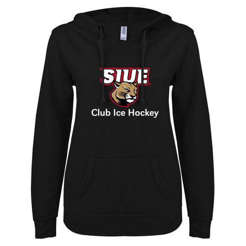  ENZA Womens Black V Notch Raw Edge Fleece Hoodie - SIUE Club Ice Hockey