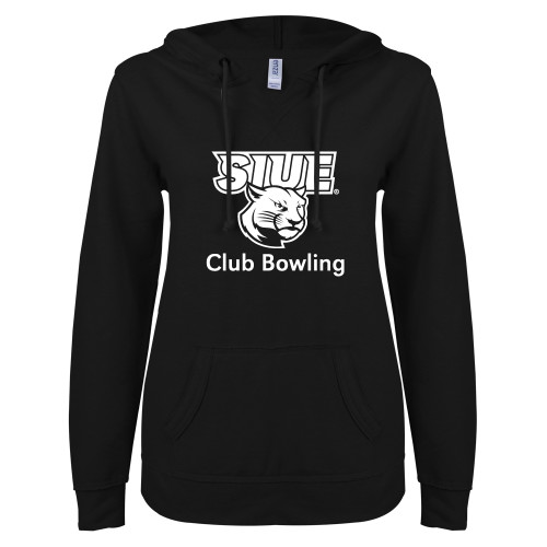  ENZA Womens Black V Notch Raw Edge Fleece Hoodie - SIUE Club Bowling