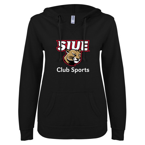  ENZA Womens Black V Notch Raw Edge Fleece Hoodie - SIUE Club Sports