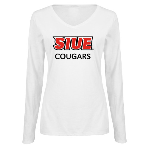  Womens White Long Sleeve V Neck Tee - SIUE Cougars