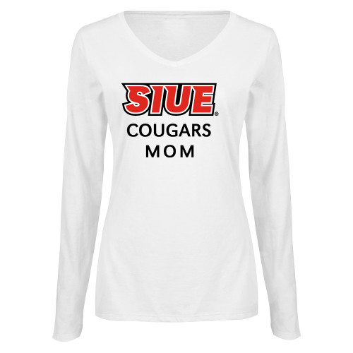  Womens White Long Sleeve V Neck Tee - SIUE Mom