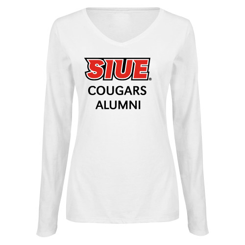  Womens White Long Sleeve V Neck Tee - SIUE Alumni