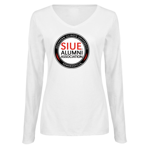  Womens White Long Sleeve V Neck Tee - SIUE Alumni Association