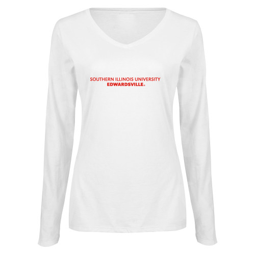  Womens White Long Sleeve V Neck Tee - Southern Illinois University Edwardsville