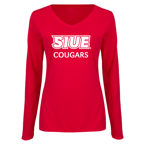  Womens Red Long Sleeve V Neck Tee  - SIUE Cougars