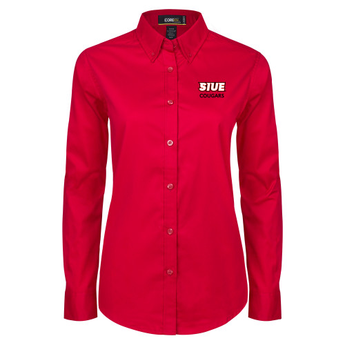  Womens Red Twill Button Down Long Sleeve  - SIUE Cougars