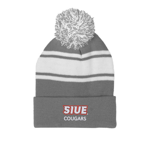  Grey/White Two Tone Knit Pom Beanie w/Cuff - SIUE Cougars