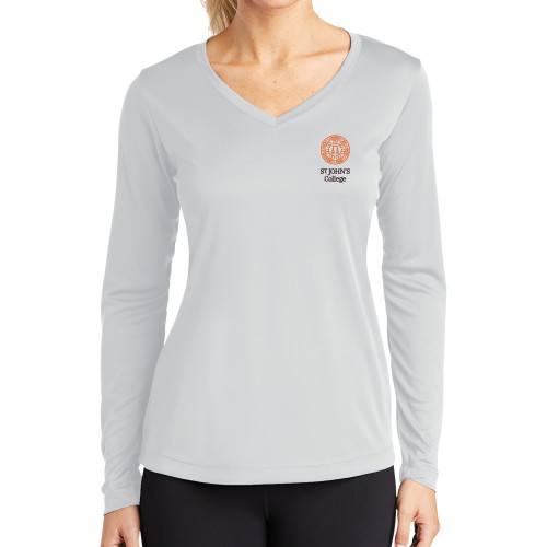  Womens White Performance Long Sleeve V Neck Shirt - Seal with College Name