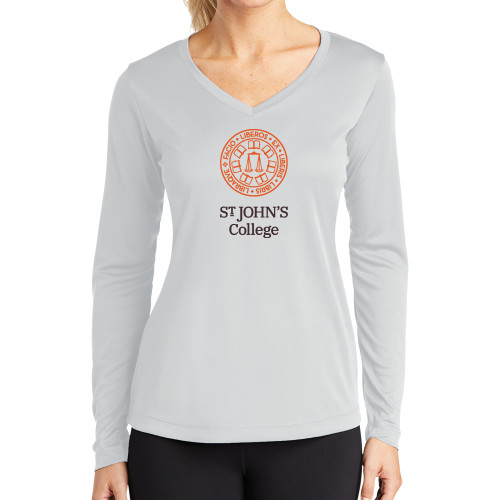  Womens White Performance Long Sleeve V Neck Shirt - Seal with College Name