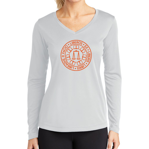  Womens White Performance Long Sleeve V Neck Shirt - Seal