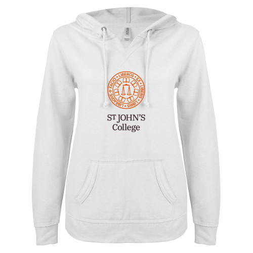  ENZA Womens White V Notch Raw Edge Fleece Hoodie - Seal with College Name
