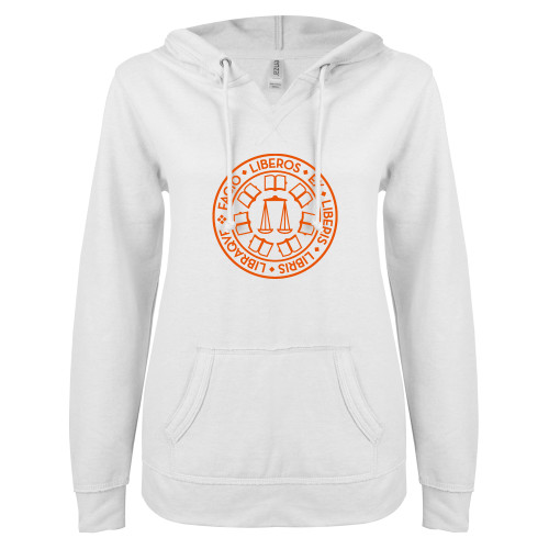  ENZA Womens White V Notch Raw Edge Fleece Hoodie - Seal