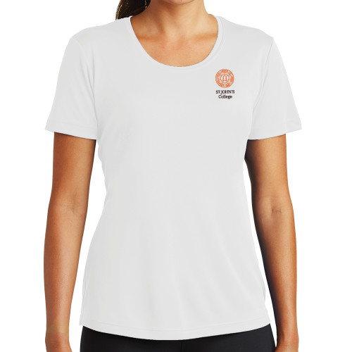  Womens White Performance Tee - Seal with College Name