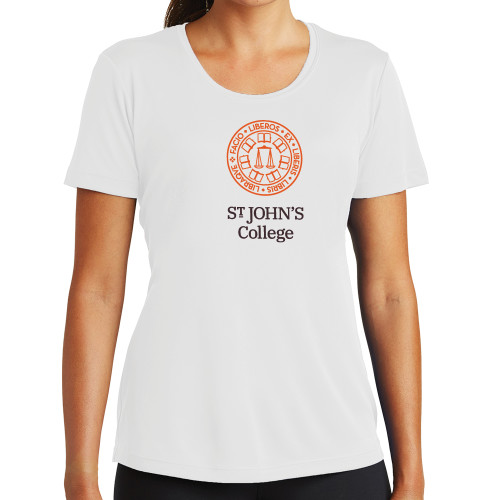  Womens White Performance Tee - Seal with College Name