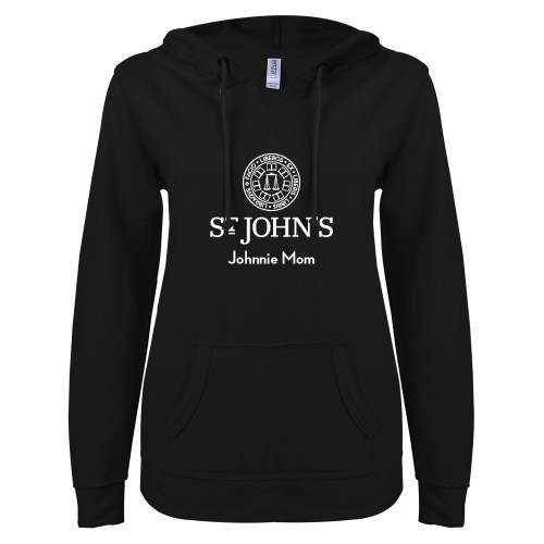  ENZA Womens Black V Notch Raw Edge Fleece Hoodie - Johnnie Mom