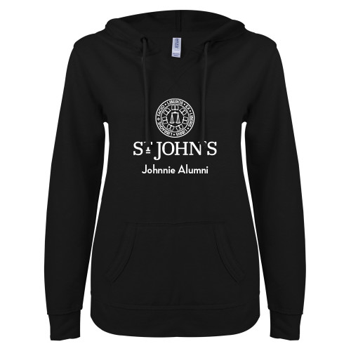  ENZA Womens Black V Notch Raw Edge Fleece Hoodie - Johnnie Alumni