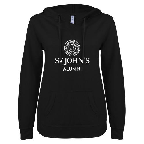  ENZA Womens Black V Notch Raw Edge Fleece Hoodie - Alumni