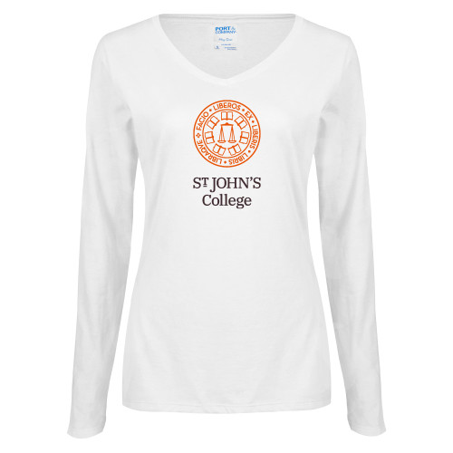  Womens White Long Sleeve V Neck Tee - Seal with College Name