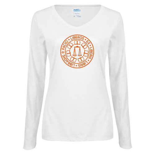  Womens White Long Sleeve V Neck Tee - Seal